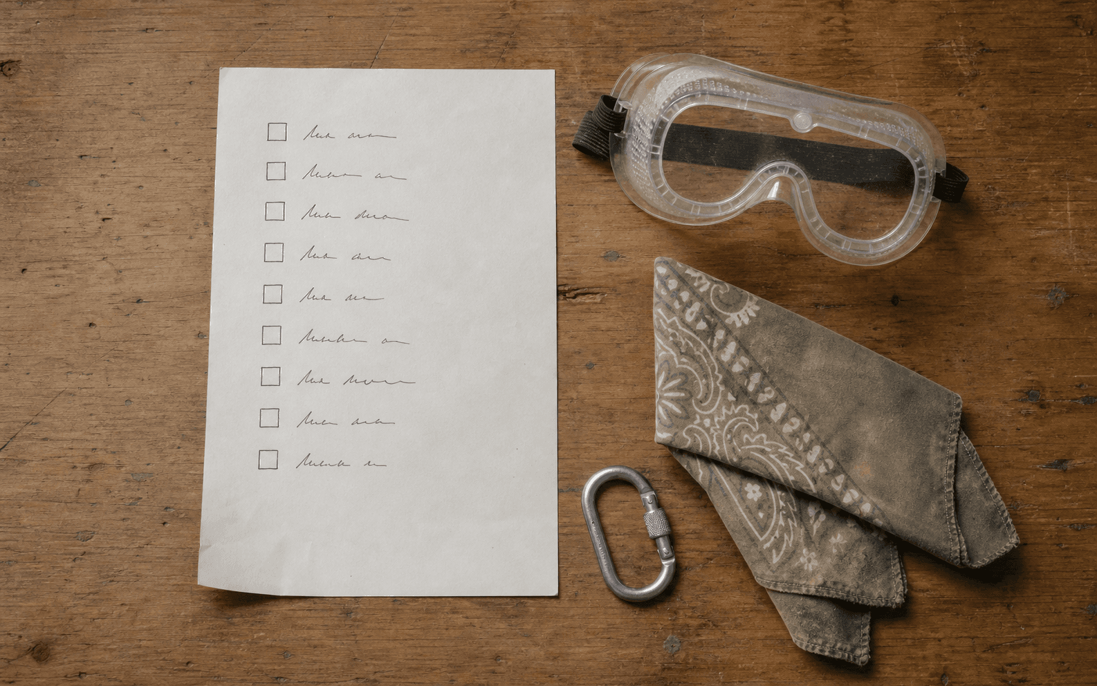A simple packing checklist beside dust goggles, a bandana, and a carabiner