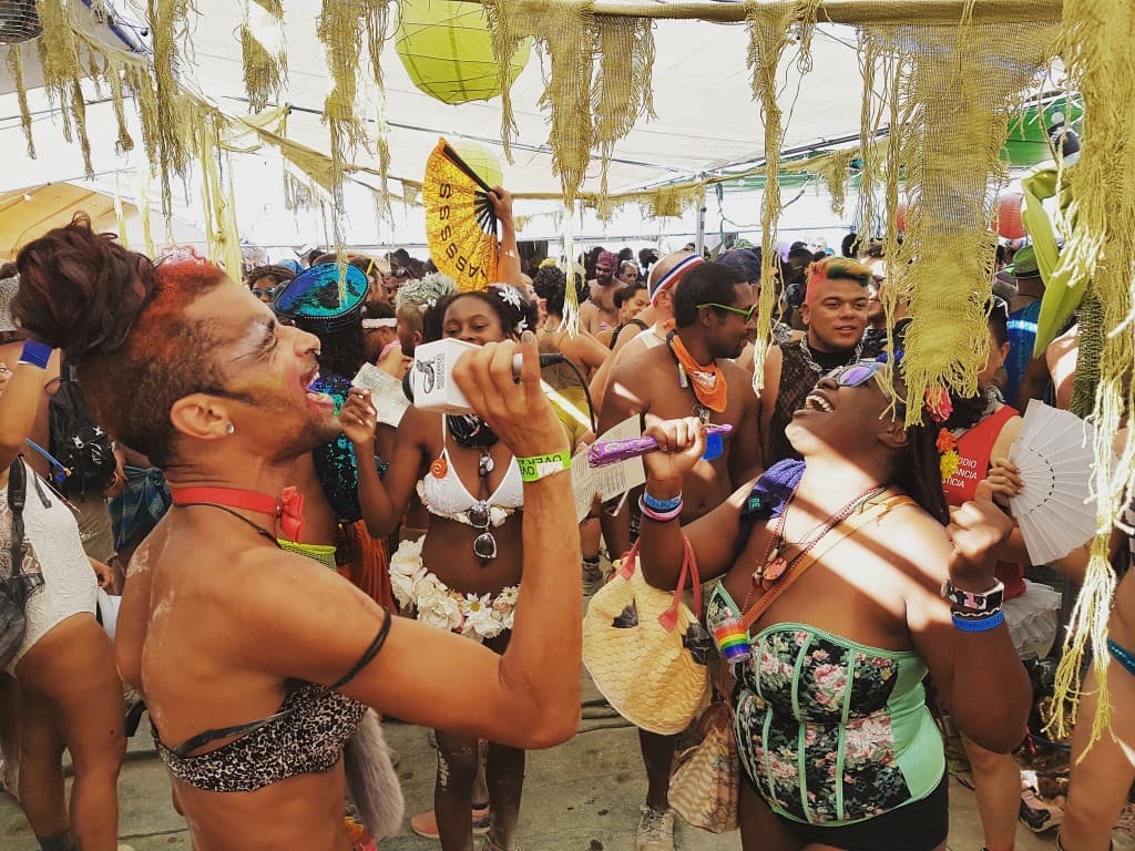 Mudskippers Whitney tribute party: singer with microphone, crowd celebrating under playa shade