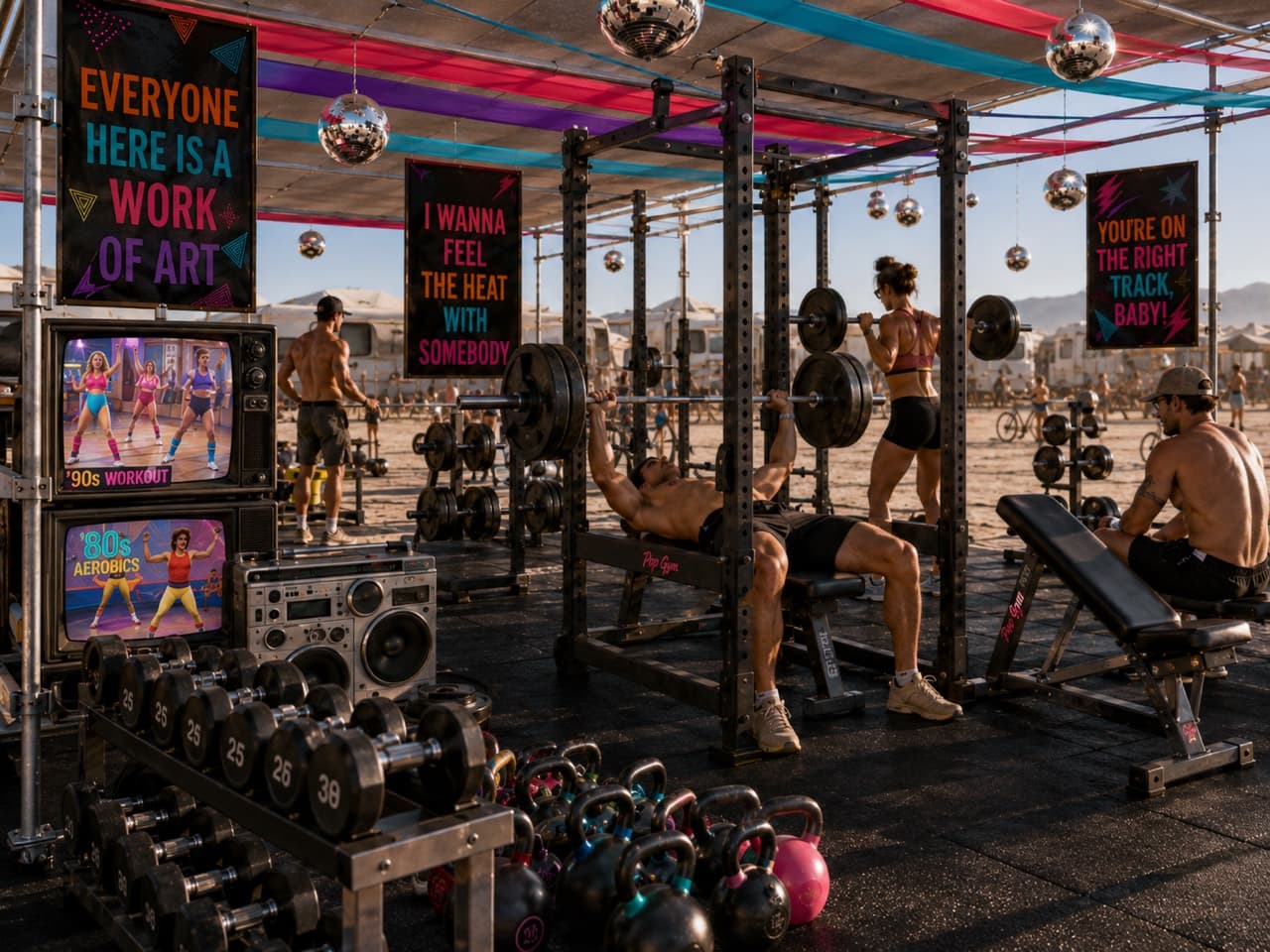 People using benches and free weights inside The Pop Gym's colorful retro workout space