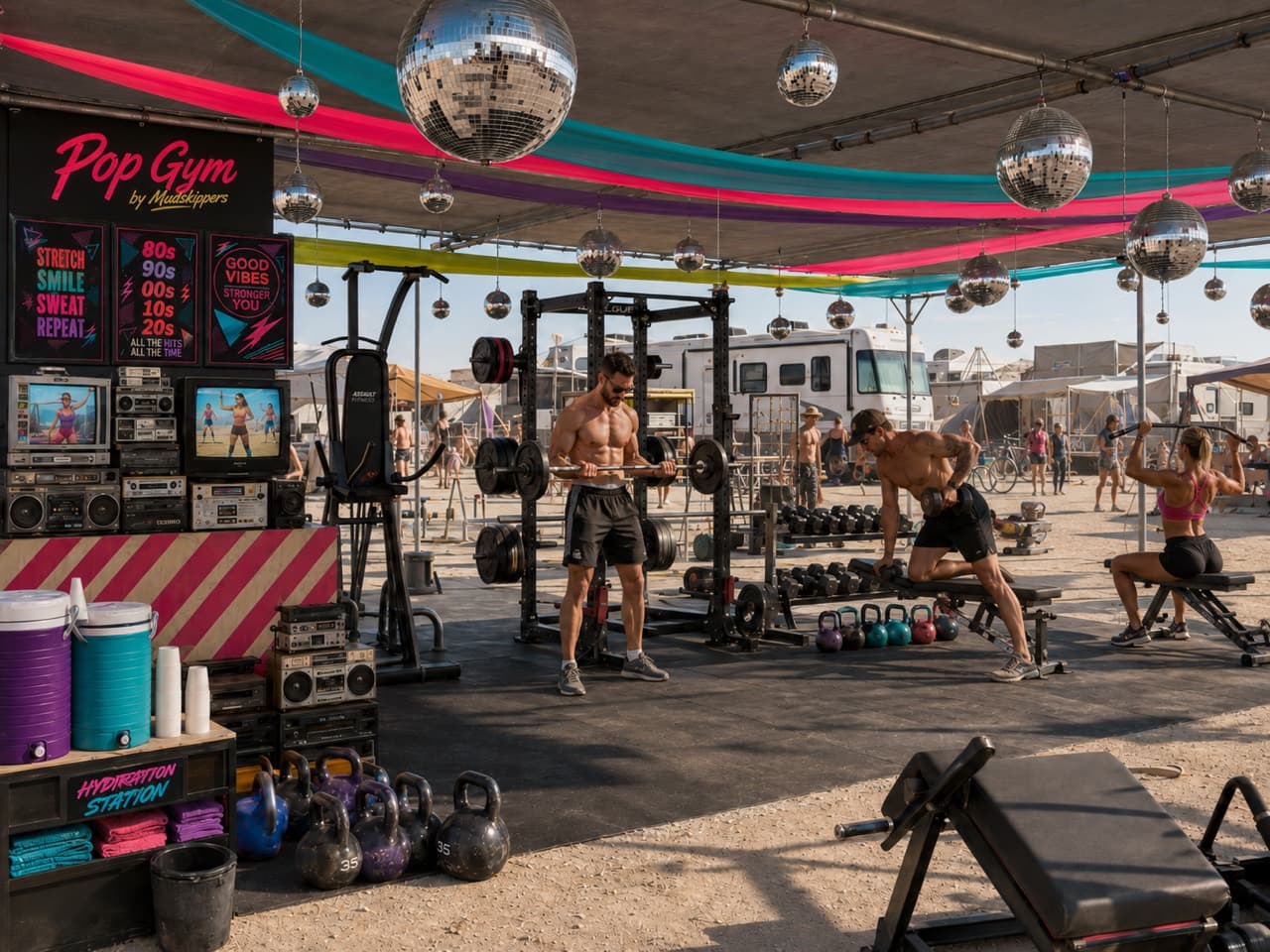 The fully equipped Pop Gym on the playa with squat racks, free weights, kettlebells, a hydration station, disco balls, and people training